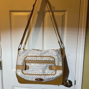 Googi Fabric Nylon multi color logo weekender bag, gold tone hardwares.tan trim